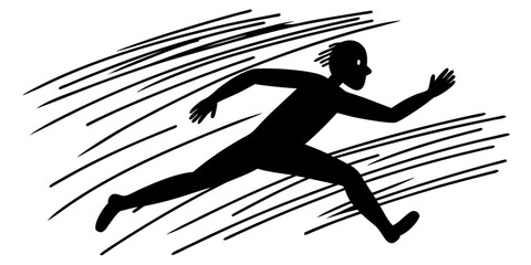 Silhouette of a person running with motion lines indicating speed and movement in black and white art