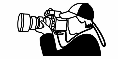 Silhouette of a photographer with a camera wearing a cap and holding the equipment firmly in hands