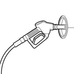 Black and white illustration of a fuel nozzle in a gas tank opening