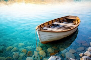 Obraz premium A tranquil wooden rowboat rests gently on the clear, turquoise water, bathed in the soft light of sunrise.