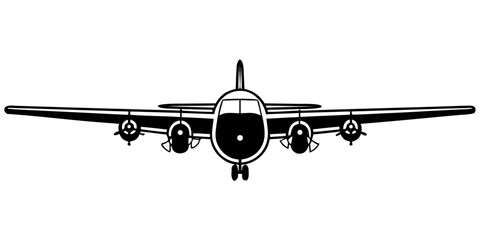 Illustration of a black and white airplane with propellers facing forward on a white background view