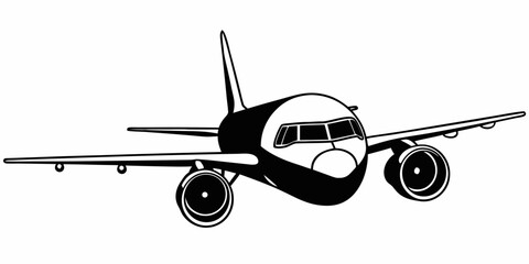 Illustration of a commercial airplane with detailed wings and engine design in black and white style