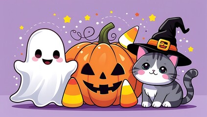 Obraz premium Cute Halloween Illustration with Smiling Ghost Pumpkin Candy Corn and Witch Hat Cat Featuring Pastel Background