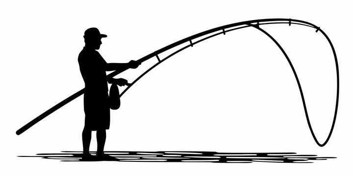 Silhouette of a man in a cap fishing with a bent rod and a bag in black and white illustration