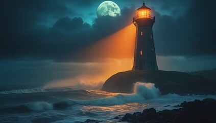 Dramatic lighthouse scene under a full moon with crashing waves and a beacon of light guiding the way home