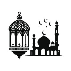 ramadan lantern and mosque skyline vector silhouette clip art logo design illustration. abstract lantern and mosque icon set collection