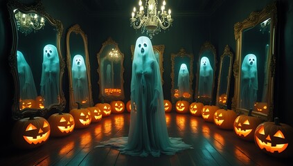 Eerie Halloween Ghost Scene with Mirror Reflections and Glowing JackOLanterns Displaying Spooky Atmosphere