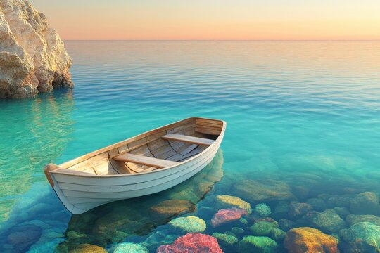 A tranquil scene depicts a small white boat gently resting on a shallow, colorful rocky shore, bathed in the serene hues of a sunrise or sunset over a tranquil sea. - Powered by Adobe