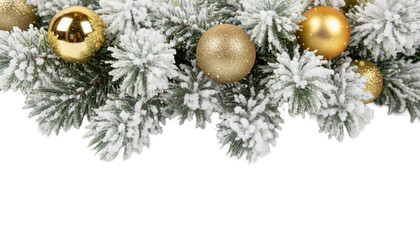 Soft winter pine garland dusted with snow and warm beige ribbon, minimal composition.