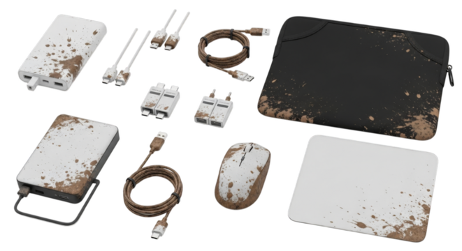 Mud-splattered electronic accessories showcasing outdoor durability, rugged use, and adventurous lifestyle.