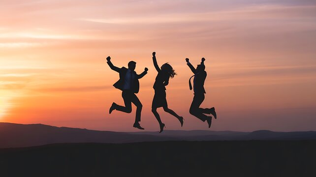 Silhouettes of three friends jumping joyfully against a vibrant sunset sky, celebrating freedom and happiness