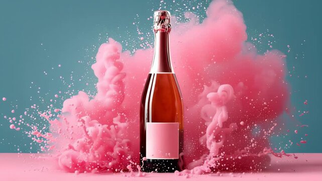 Sparkling champagne bottle emerges from vibrant pink powder explosion, showcasing dynamic movement and visual excitement, with a focus on the bottle's elegant design and the surrounding colorful splas