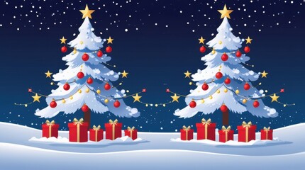 Two christmas trees with gifts in a snowy landscape