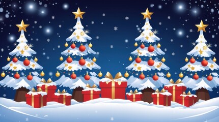 Decorated christmas trees with gifts on a snowy night