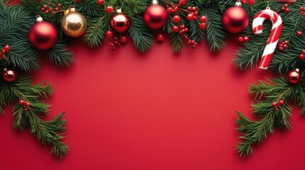 Festive christmas ornaments and greenery on red background