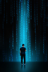 A human use phone, hold laptop and show Safety, ethics, cyber security, generative, technology, big data concept