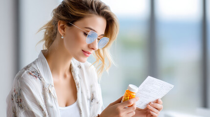 Young woman reading a prescription while holding a bottle of yellow pills, natural light, indoors, with soft focus on the background
