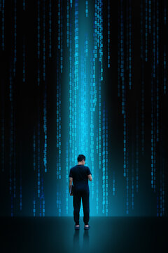 A human use phone, hold laptop and show Safety, ethics, cyber security, generative, technology, big data concept