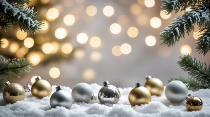 Christmas ornaments on snow with blurred lights behind