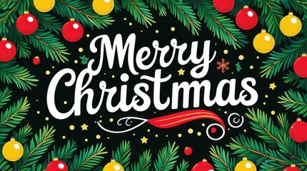 Merry christmas with ornaments and fir tree branches