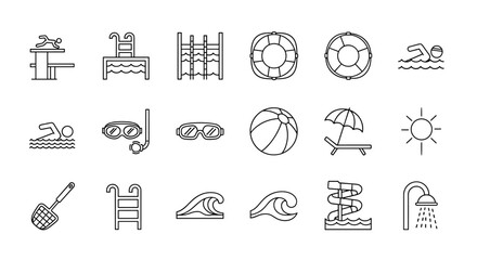 A comprehensive collection of minimalistic line icons representing swimming pool elements and activities, perfect for web and graphic design, app interfaces, banners, social networks, and cards. This