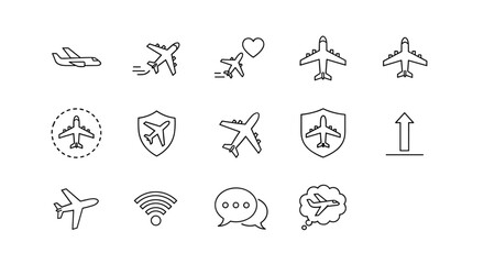 Collection of minimalistic line icons representing airplanes and related concepts, including flight, travel, security, communication, and connectivity, suitable for web, graphic design, apps