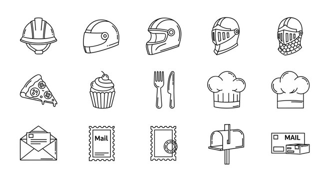 A versatile collection of outline icons featuring a construction helmet, motorcycle helmets, knight's helmet, slice of pizza, cupcake, fork and knife, chef hats, envelope with letter, postage stamps