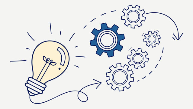 Innovative thinking with creative gears, a lightbulb moment sparks process automation, brainstorming solutions for business strategy and workflow efficiency