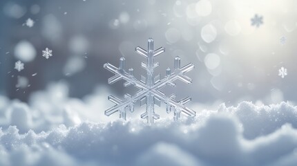 A macro shot of a snowflake on a bed of soft snow
