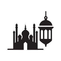 ramadan lantern and mosque skyline vector silhouette clip art logo design illustration. abstract lantern and mosque icon set collection