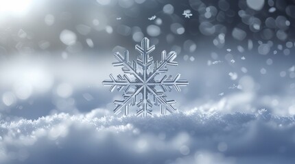 A single snowflake on a snowy surface with bokeh light