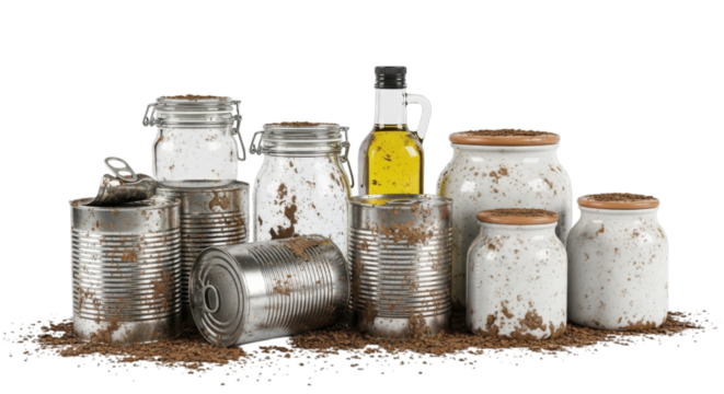 Accumulation of rusty tin cans, grimy glass jars, and speckled ceramic pots, symbolizing environmental waste and decay.
