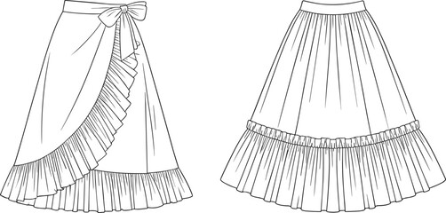 Wrap skirt with bow and ruffle trim, gathered skirt with wide hem ruffle, fashion technical flat illustration front back view
