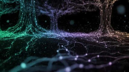 Digital interpretation of a vast forest ecosystem, showcasing interconnected root systems and bioluminescent flora with a futuristic aesthetic. Close up on glowing network - Powered by Adobe