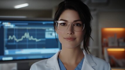 Professional woman in glasses with data screen background - Powered by Adobe