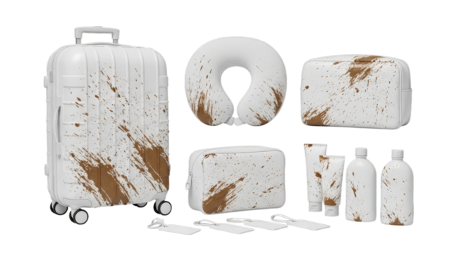 Messy travel gear: white suitcase, neck pillow, and toiletries covered in brown mud splatters, symbolizing adventurous journeys and real-world conditions. adventure awaits!