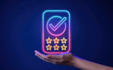 Neon rating system with checkmark and stars on hand