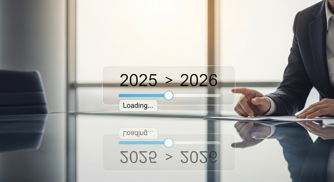 Business person in suit pointing at 2025 to 2026 progress bar on glass table in modern office isolated on transparent background