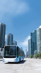 Fototapeta premium Modern Cityscape with Bus Against Urban Skyline in Daylight