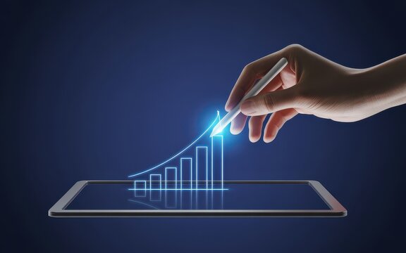 Hand using stylus to draw rising bar graph on tablet screen