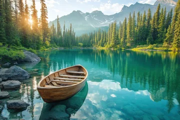 Wanddecoratie Reflectie Tranquil mountain lake scene featuring a wooden rowboat resting peacefully on the crystal-clear water, surrounded by lush evergreen forests and majestic mountains reflected in the serene water.  © BabyEyes