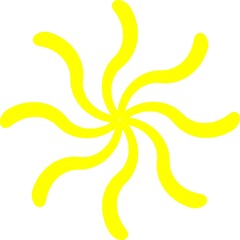 Abstract yellow swirling sunburst symbol with curved rays on a white background