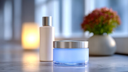 Beautiful skincare products on a counter. Skincare products are placed on a marble counter with soft lighting and a flower arrangement in the background.