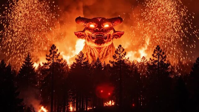 A giant red devil emerges from a burning forest at night. Hellish inferno with massive flames and sparks. Apocalyptic horror concept