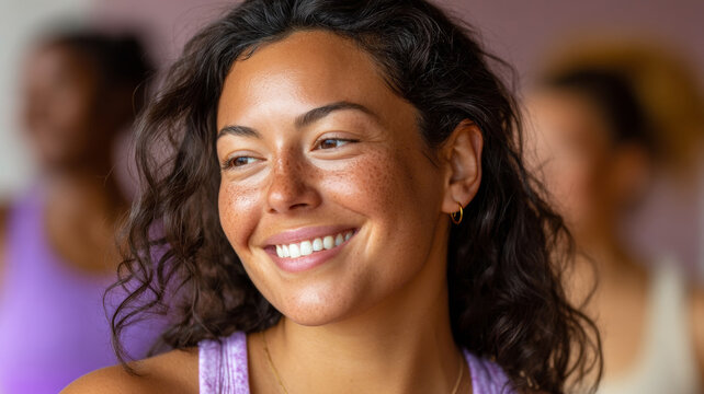 Happy woman in fitness class. Woman with curly hair smiles brightly in a fitness class filled with motivation and energy during the afternoon.