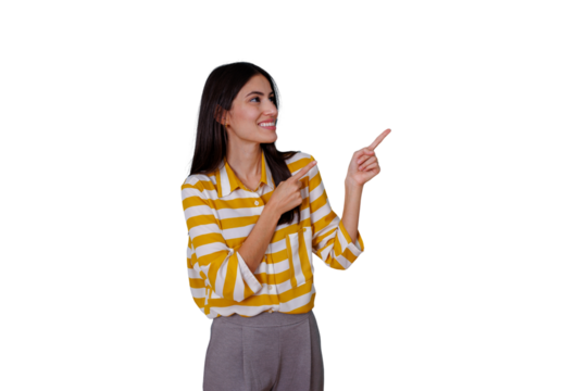 Woman smiling and pointing up and away, guiding attention, presenting information, offering advice, transparent background