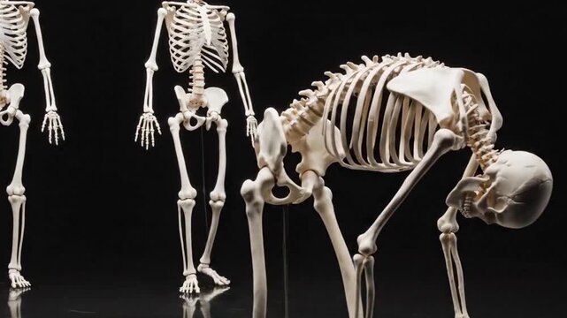 Three human skeletons standing in different poses against a plain black studio background scene view