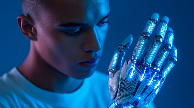 Young man studies a robot hand. A young man studies a glowing robotic hand in a dark blue setting while wearing a simple white shirt.