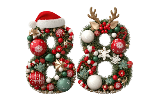 Festive number 88 wreaths with Santa hat and reindeer antlers, perfect for holiday celebrations