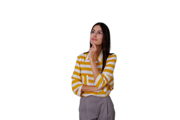 Woman thinking and contemplating up, finding solutions, having new ideas, making decisions, on transparent background